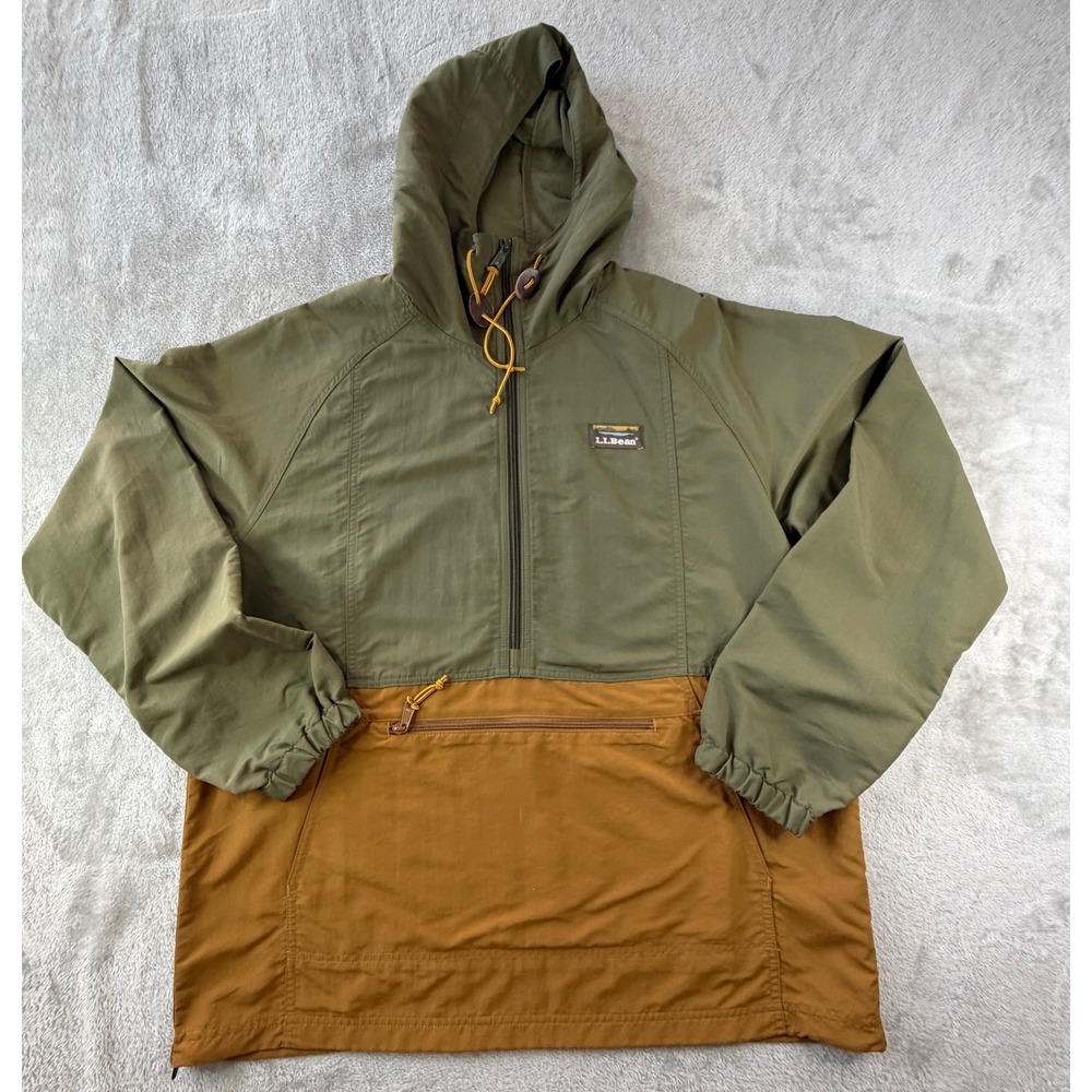 LL Bean Anorak Jacket Mens Large Green Brown Pullover Hooded 500907